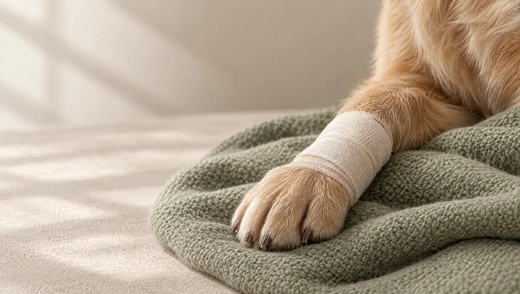 Eine Hundepfote mit leichtem Verband ruht auf einer grünen Strickdecke.
