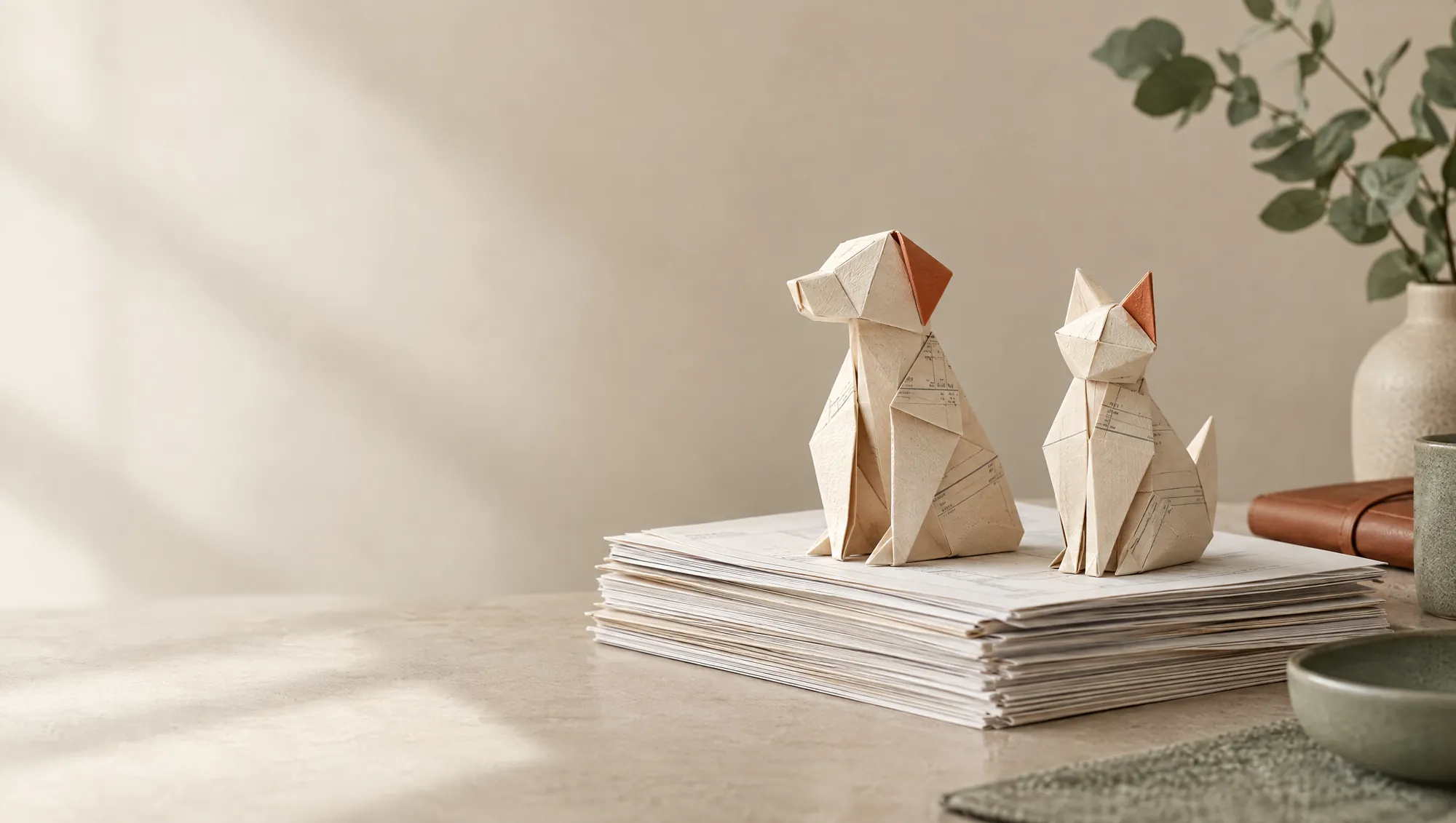 Ein Papierhund und eine Papierkatze, gefaltet aus Rechnungspapier, sitzen auf einem Stapel Unterlagen.